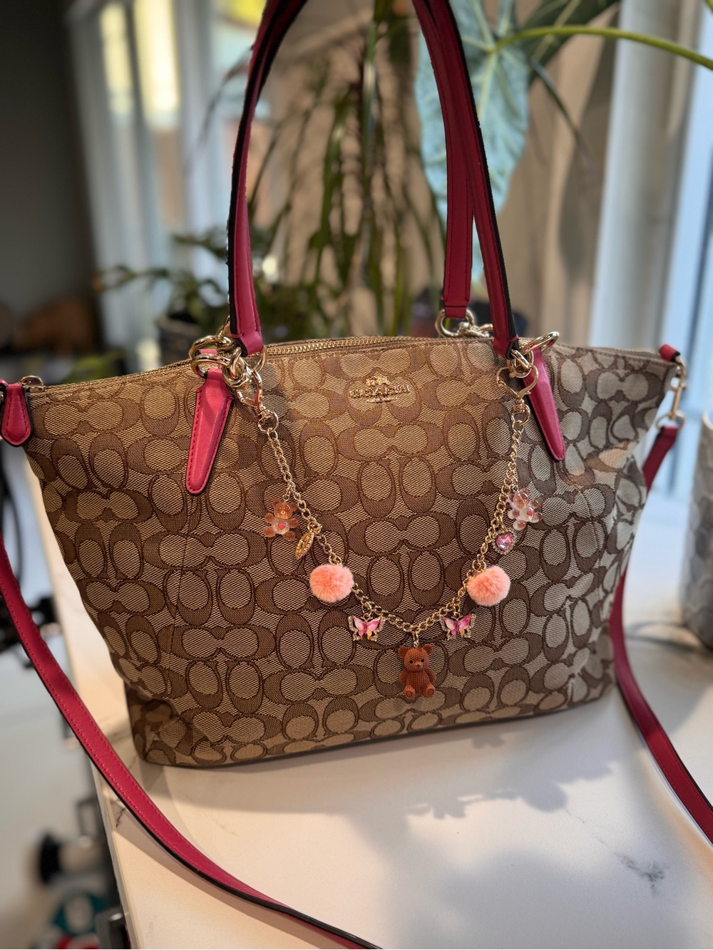 Coach Signature Canvas Tote with Pink Trim + Charms